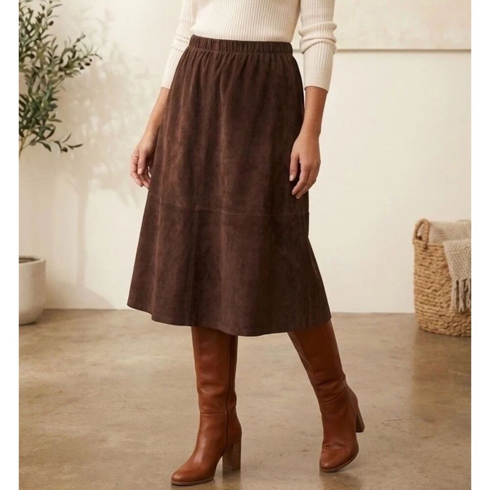 Denim & Co Suede Leather Skirt Womens Sz L Pull-On Seamed Dark Chocolate Brown